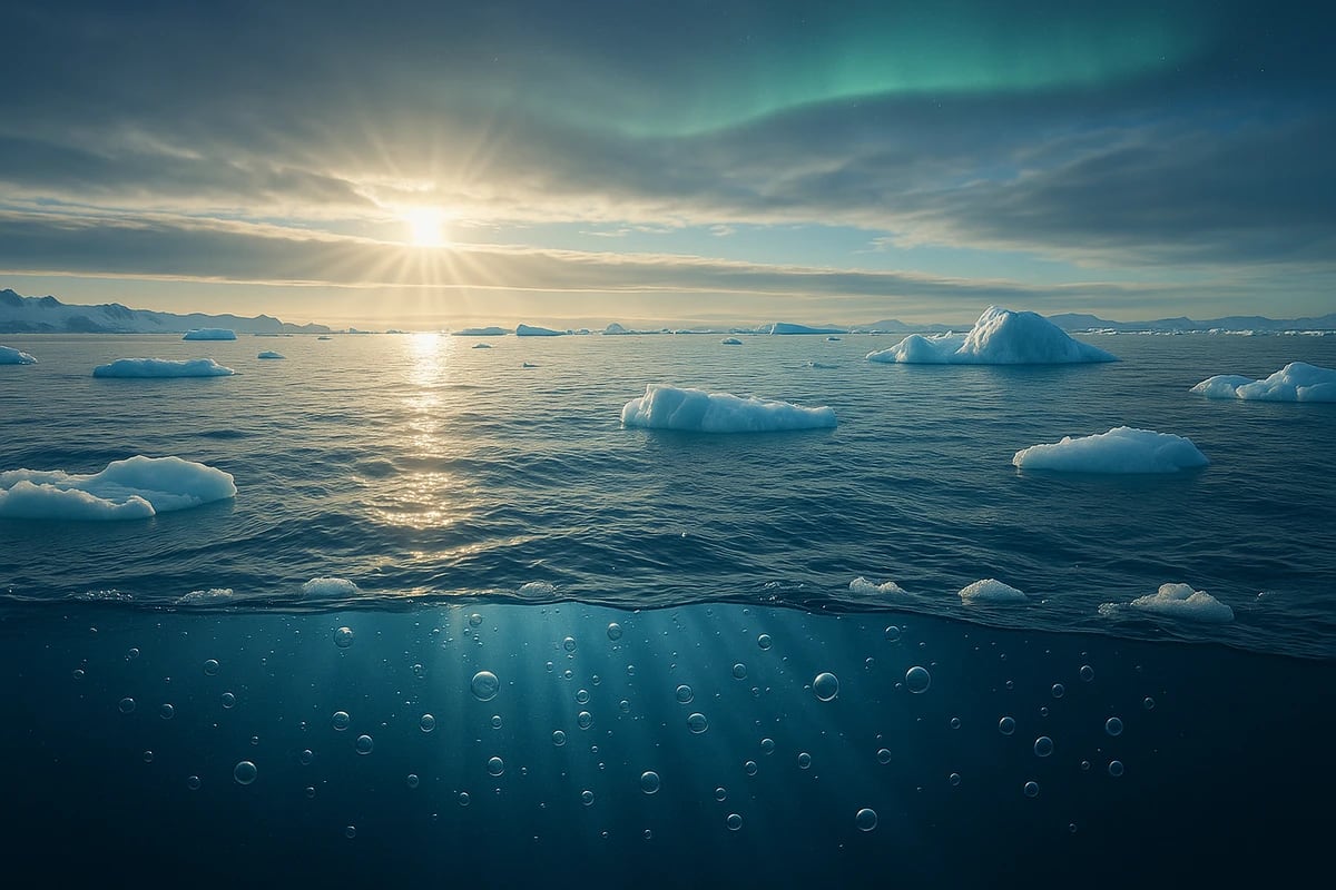 Océano Antártico al amanecer, burbujas subacuáticas y auroras