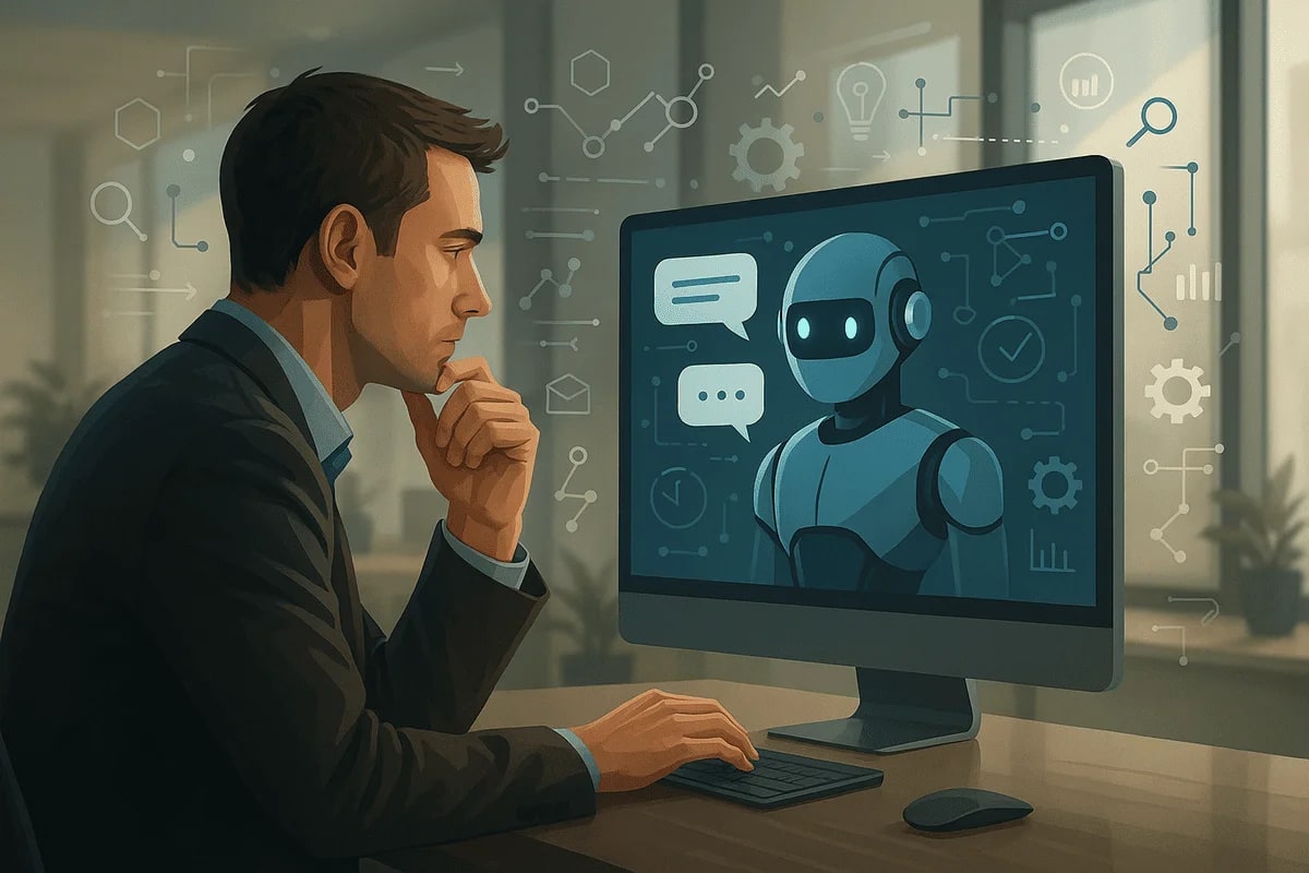 Entorno de oficina moderno, donde una persona interactúa con una inteligencia artificial en su ordenador