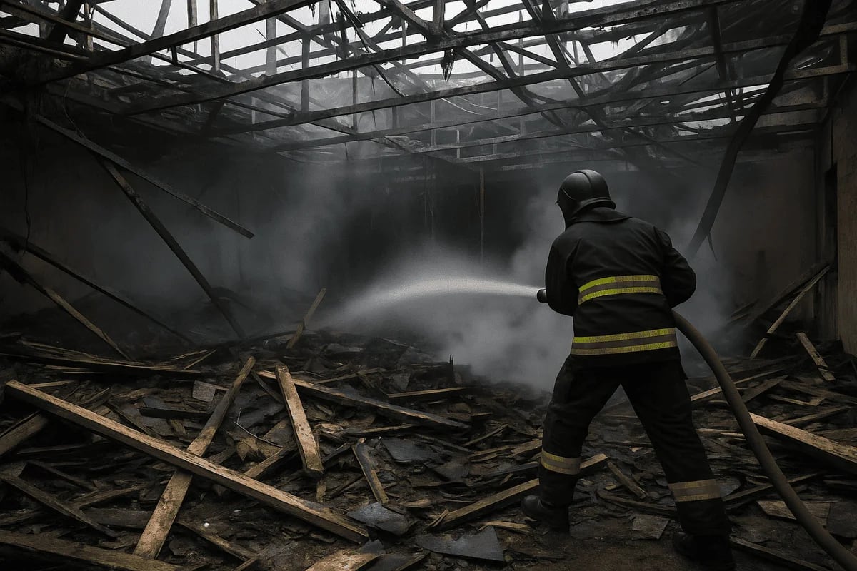 Bombero ucraniano combate incendios entre escombros en una estructura destruida tras un ataque con drones en Kiev