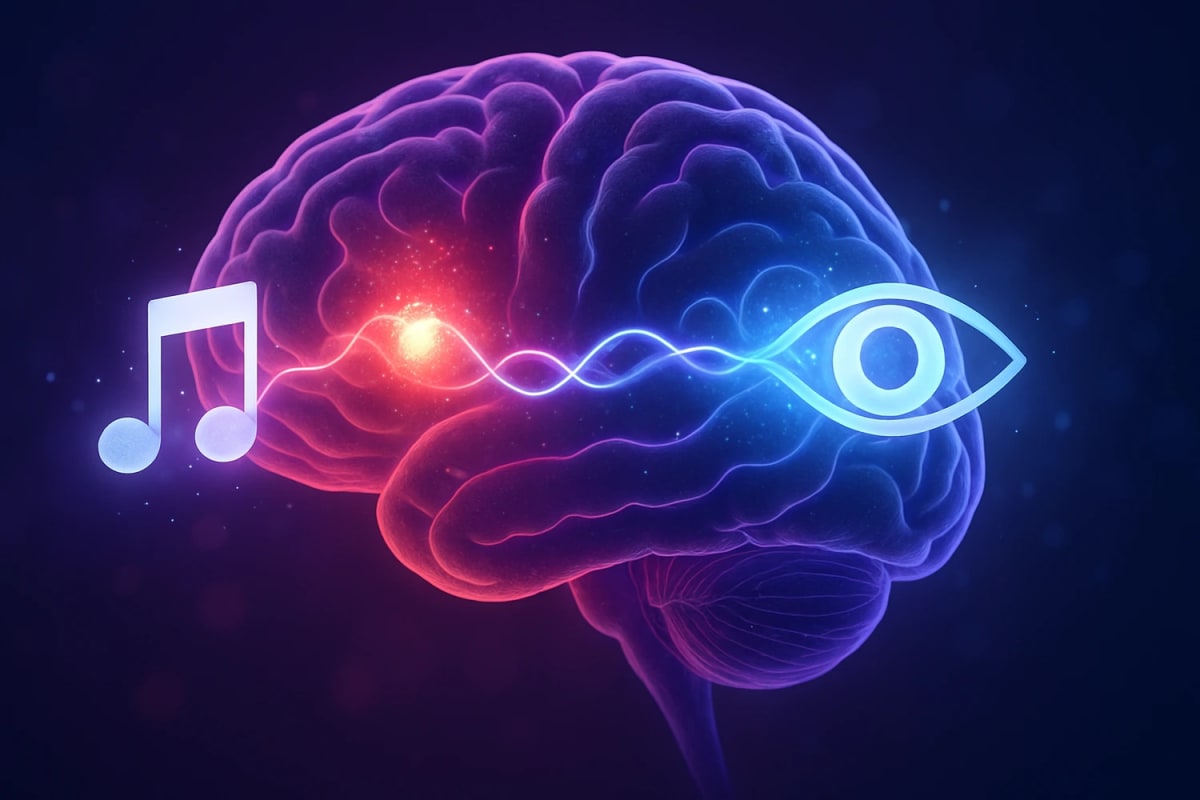 Ilustración digital de un cerebro humano con ondas conectando un icono musical y un ojo