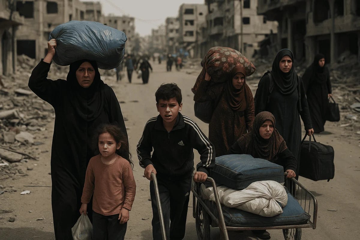 Familias palestinas desplazadas caminan por una calle destruida en Gaza