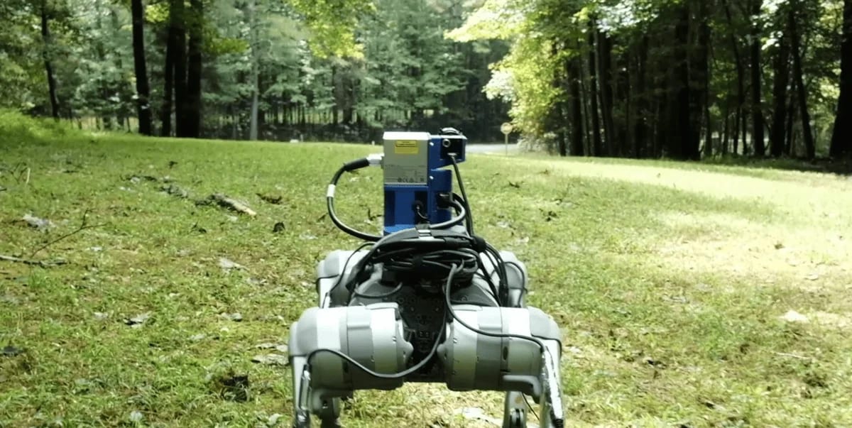 Robot cuadrúpedo equipado con WildFusion explorando un claro de bosque en pruebas de navegación autónoma