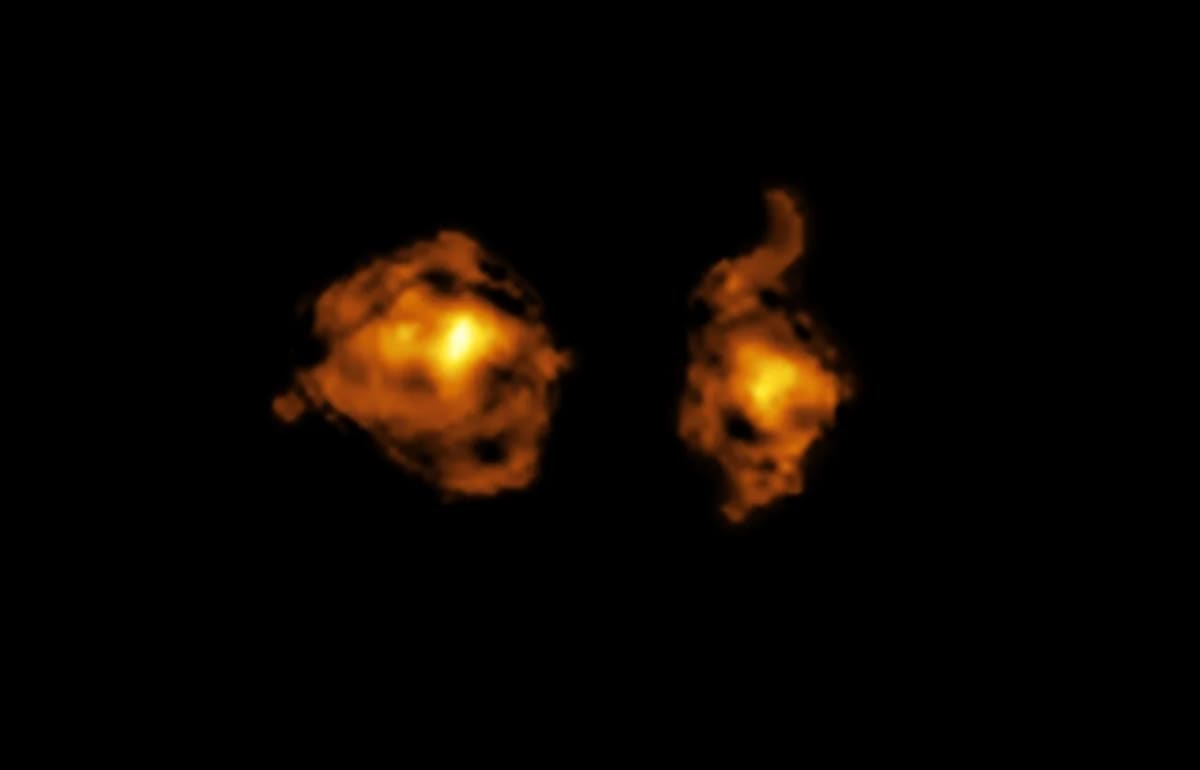 Imagen de ALMA mostrando dos galaxias en colisión cósmica, con un cuásar irradiando hacia la galaxia vecina