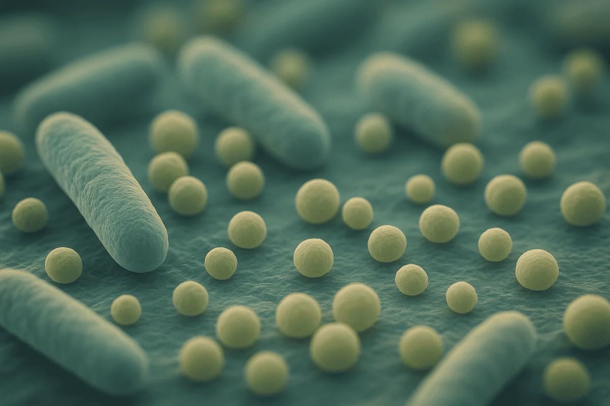 Vista microscópica de bacterias de diferentes formas y tamaños sobre una superficie texturizada