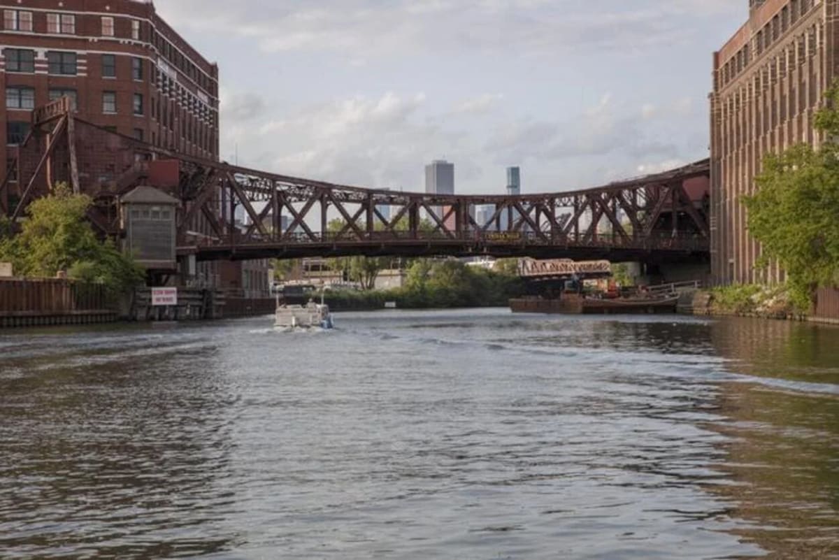 Barco navegando por el río Chicago, representando la interacción entre la vida urbana y los ecosistemas acuáticos de la ciudad.
