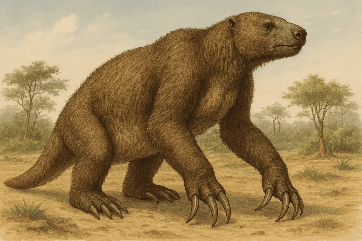 Reconstrucción de un perezoso gigante prehistórico en su hábitat natural.
