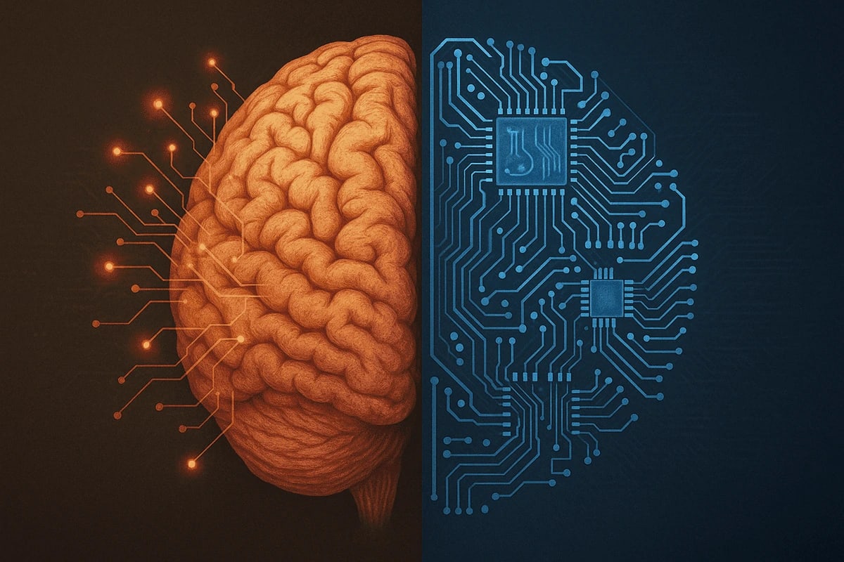 Comparación visual entre un cerebro humano y un circuito de inteligencia artificial