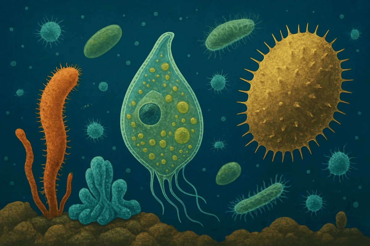 Representación artística de microorganismos en un entorno alienígena submarino