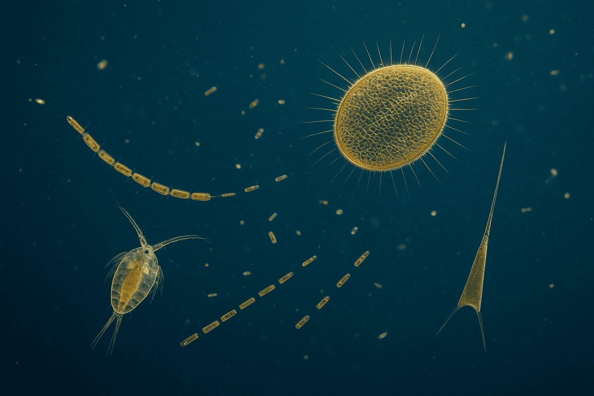 Diversas especies de plancton marino bajo el microscopio en aguas oceánicas