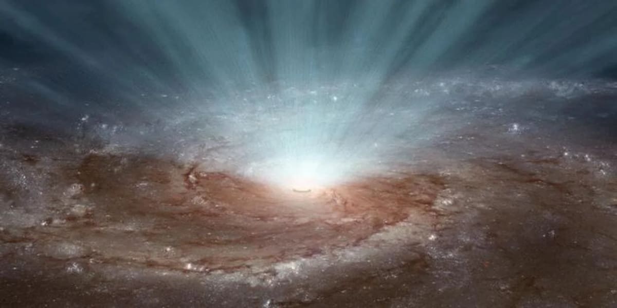 Interpretación artística de un agujero negro supermasivo expulsando vientos y radiación al espacio desde el centro galáctico
