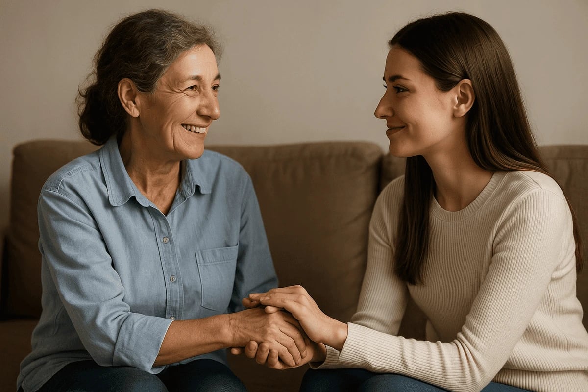 Dos mujeres de diferentes generaciones conversan y se sonríen