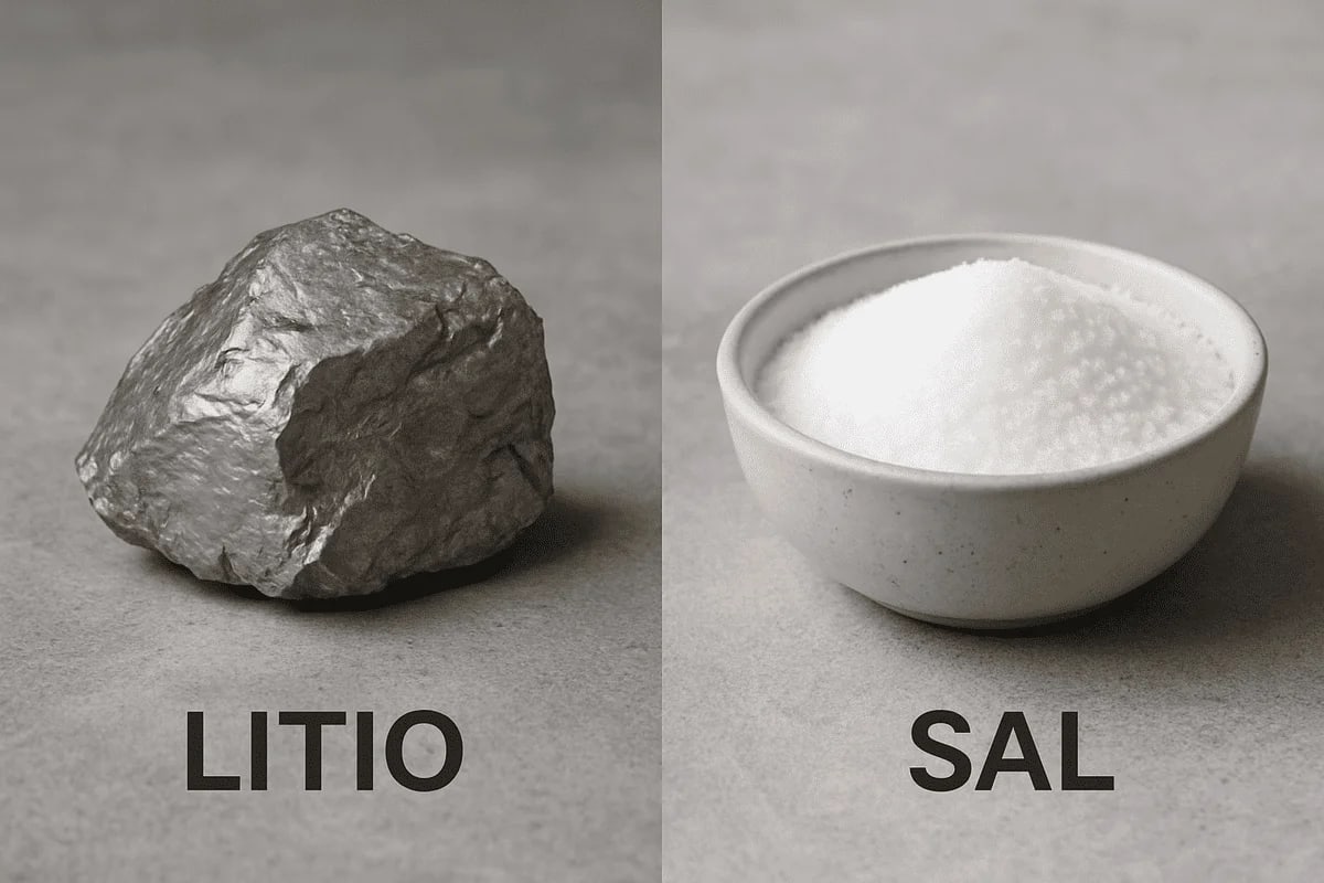 Comparativa visual: roca de litio natural frente a un cuenco con sal de mesa