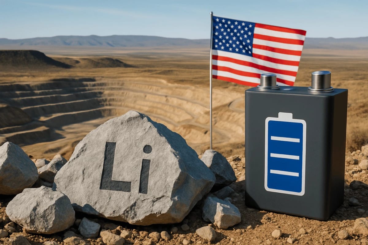 Roca con símbolo de litio, batería y bandera de EE.UU. junto a una mina a cielo abierto en el desierto de Nevada-Oregón