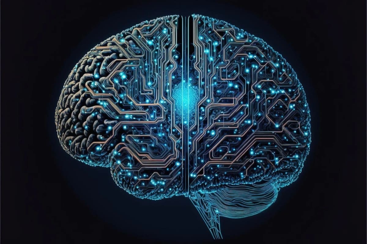 Ilustración de cerebro humano con circuitos y luces azules, representando inteligencia artificial y tecnología digital