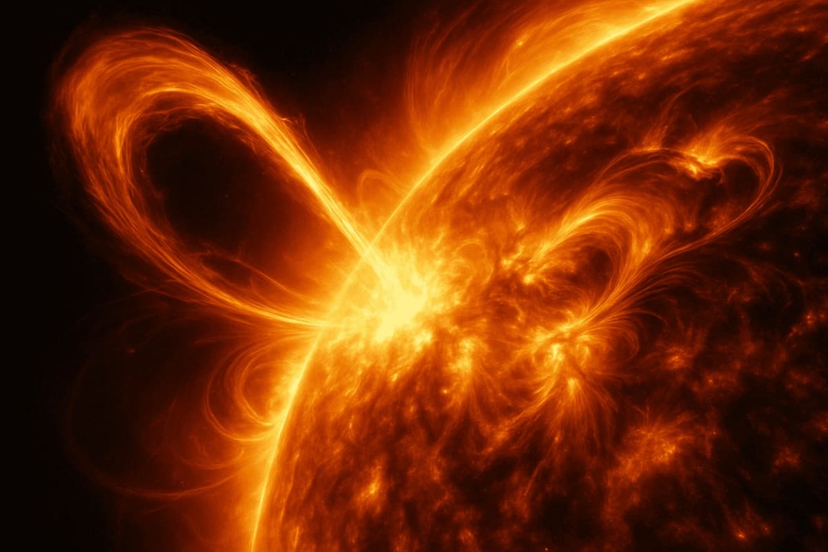 Erupción solar con eyección de masa coronal, plasma brillante y bucles magnéticos en la superficie del Sol