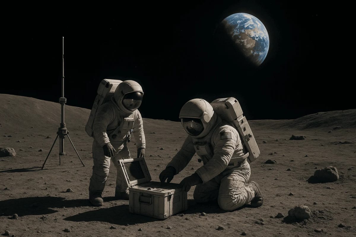 Astronautas trabajando sobre la superficie lunar