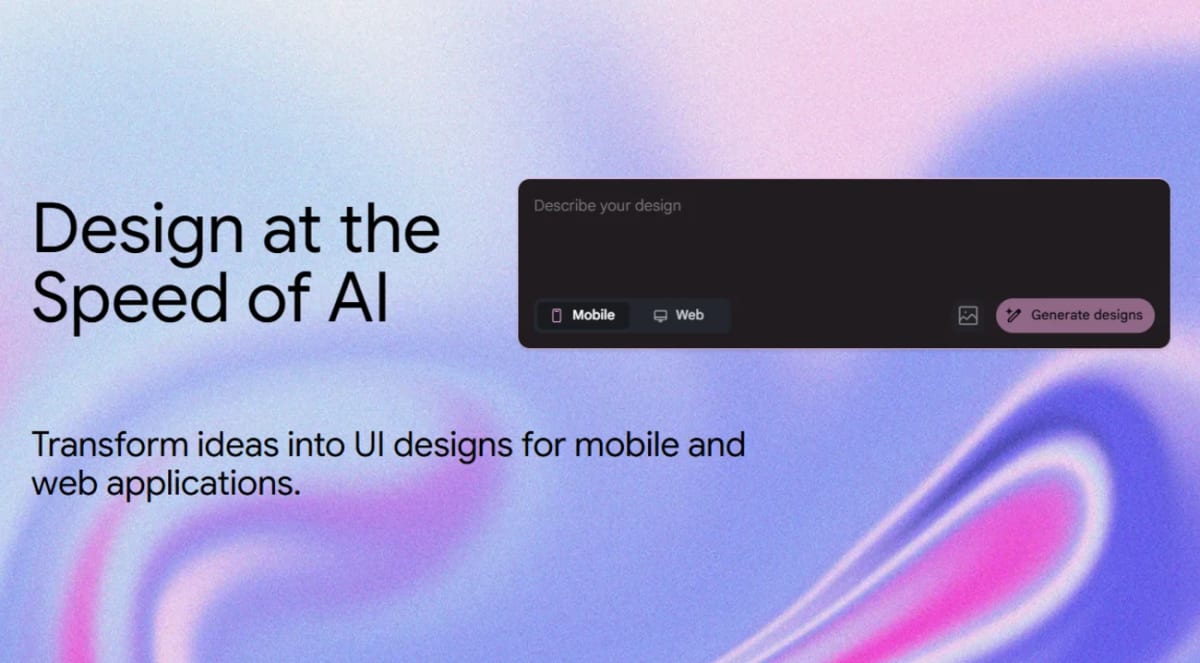 Interfaz de Stitch de Google mostrando cuadro de texto y opciones para crear diseños web o móviles
