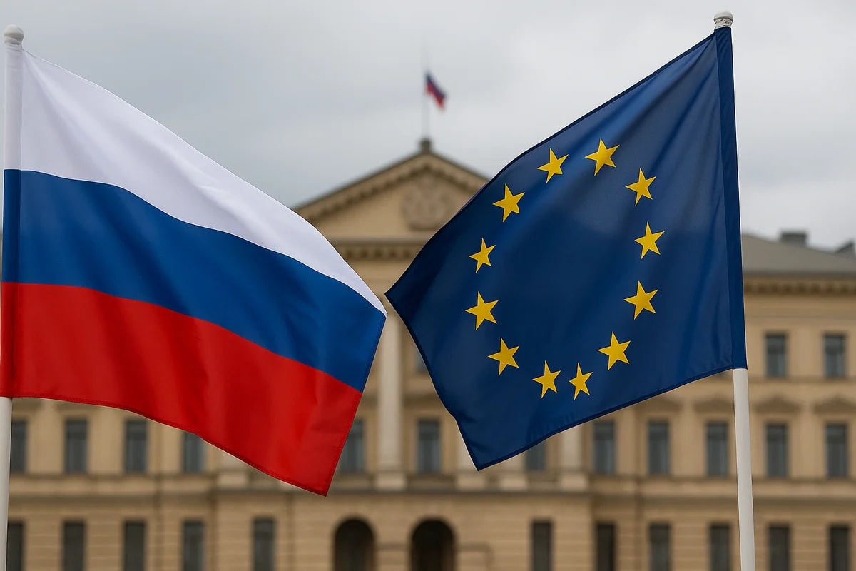 Fotografía de la bandera de Rusia junto a la de la Unión Europea.