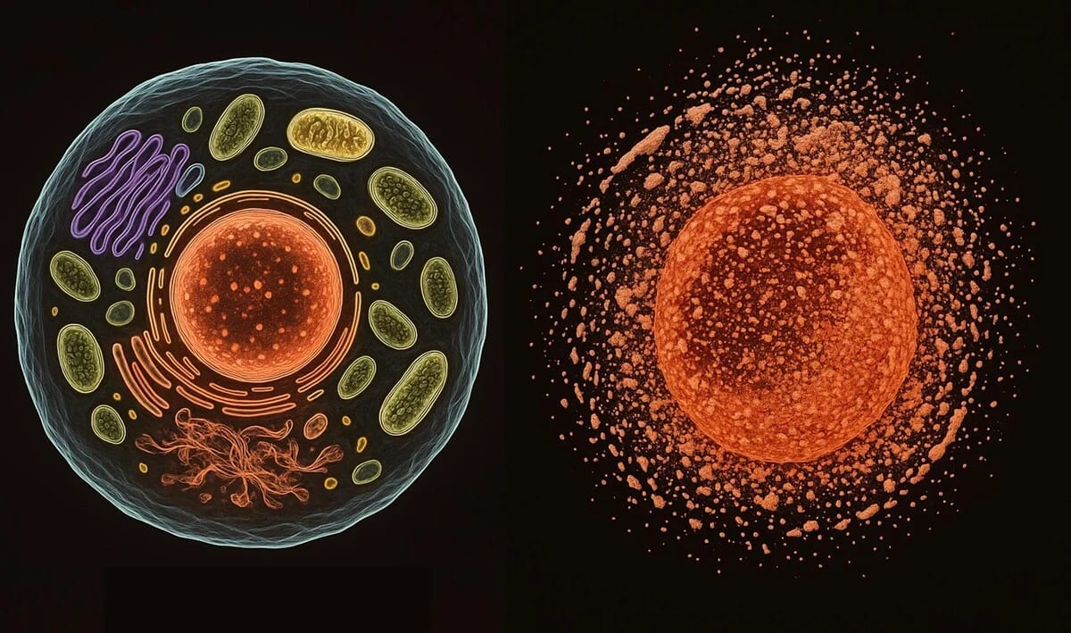 Comparativa entre una célula sana y otra con necrosis