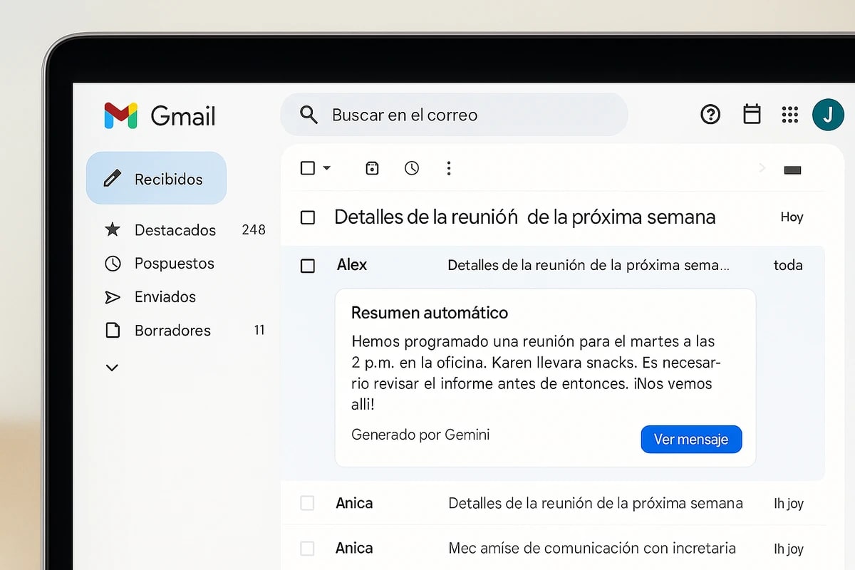 Interfaz de Gmail mostrando resumen automático generado por Gemini