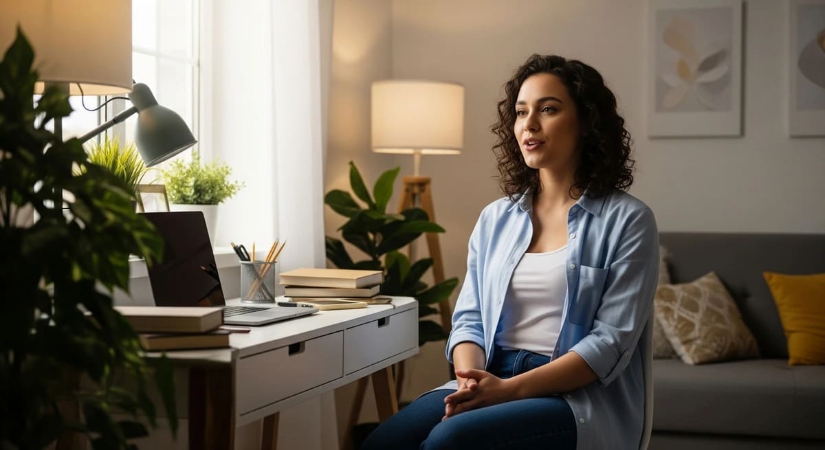 Joven reflexionando en voz alta en su escritorio en casa