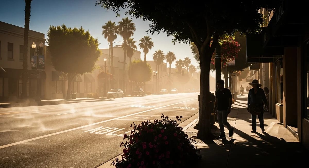 Calle urbana con luz de tarde y palmeras, ambiente cálido