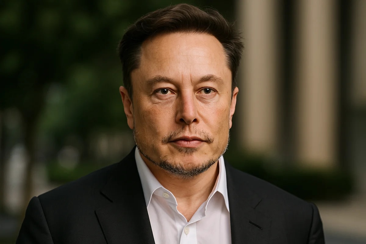 Retrato realista de Elon Musk con fondo corporativo
