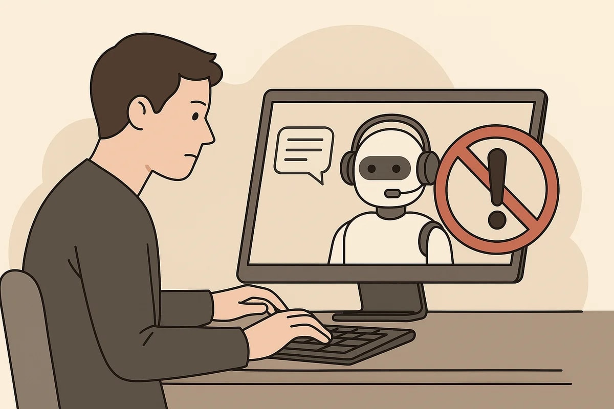 Ilustración de un hombre frente a un ordenador con un chatbot de IA y un símbolo de advertencia