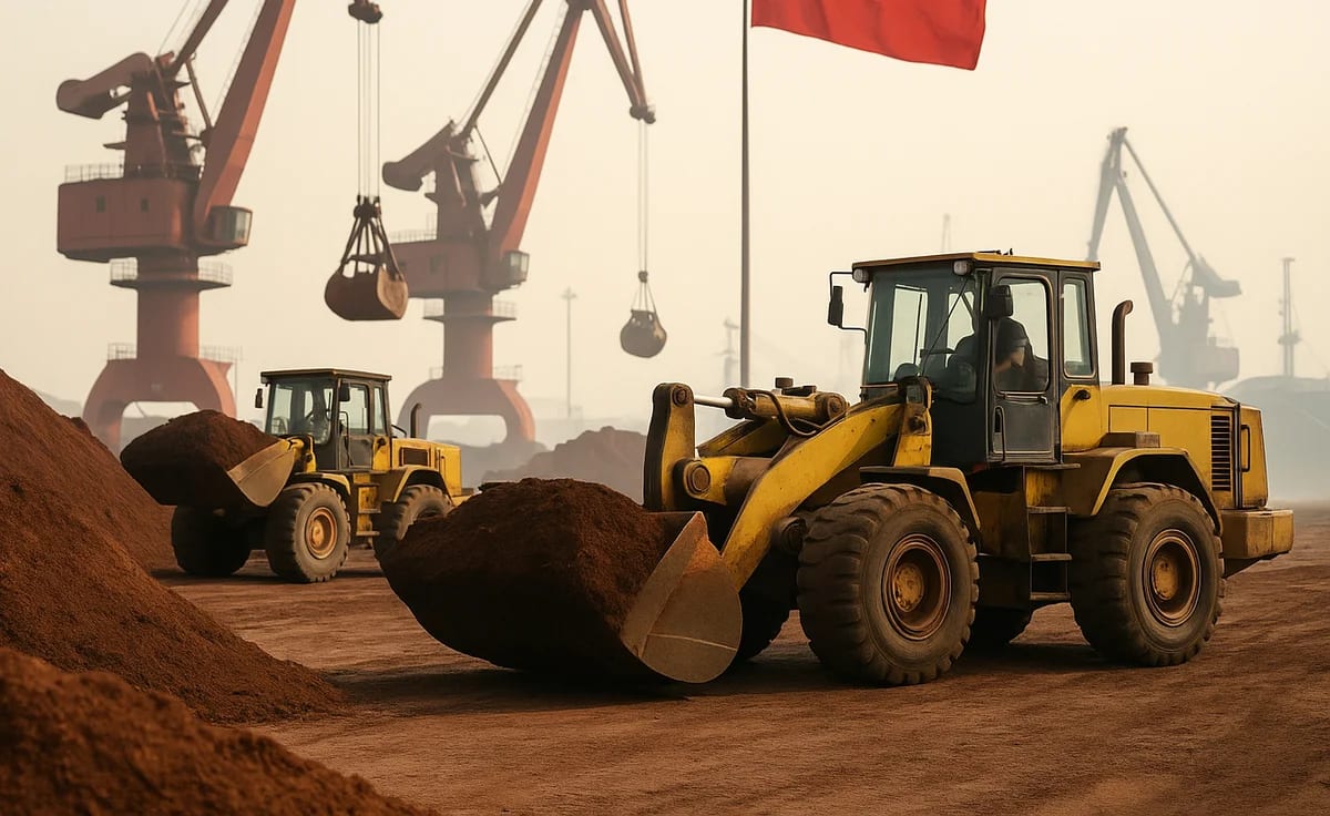 Puerto industrial en China con grúas rojas descargando minerales críticos