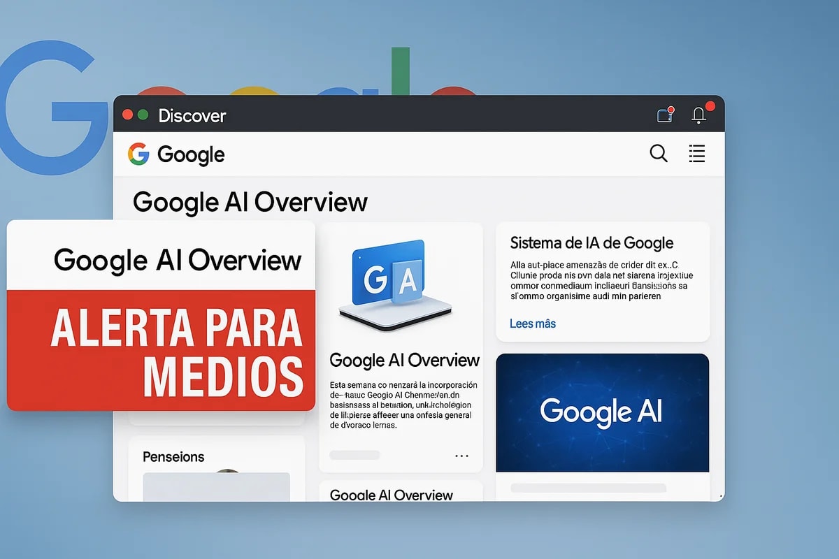 Simulación editorial de Google Discover destacando la función Google AI Overview y alerta para medios, en español, con diseño moderno y claro.