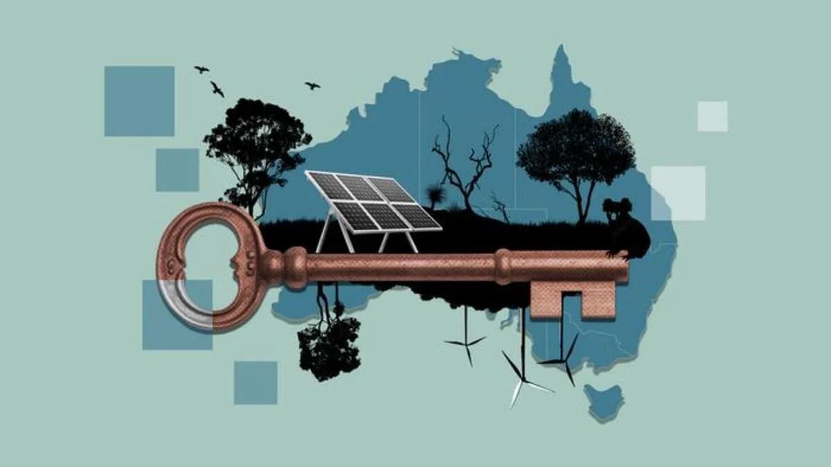 Ilustración conceptual que representa la descarbonización de Australia, mostrando colaboración entre sectores energéticos, protección de la biodiversidad y respeto a los derechos indígenas.