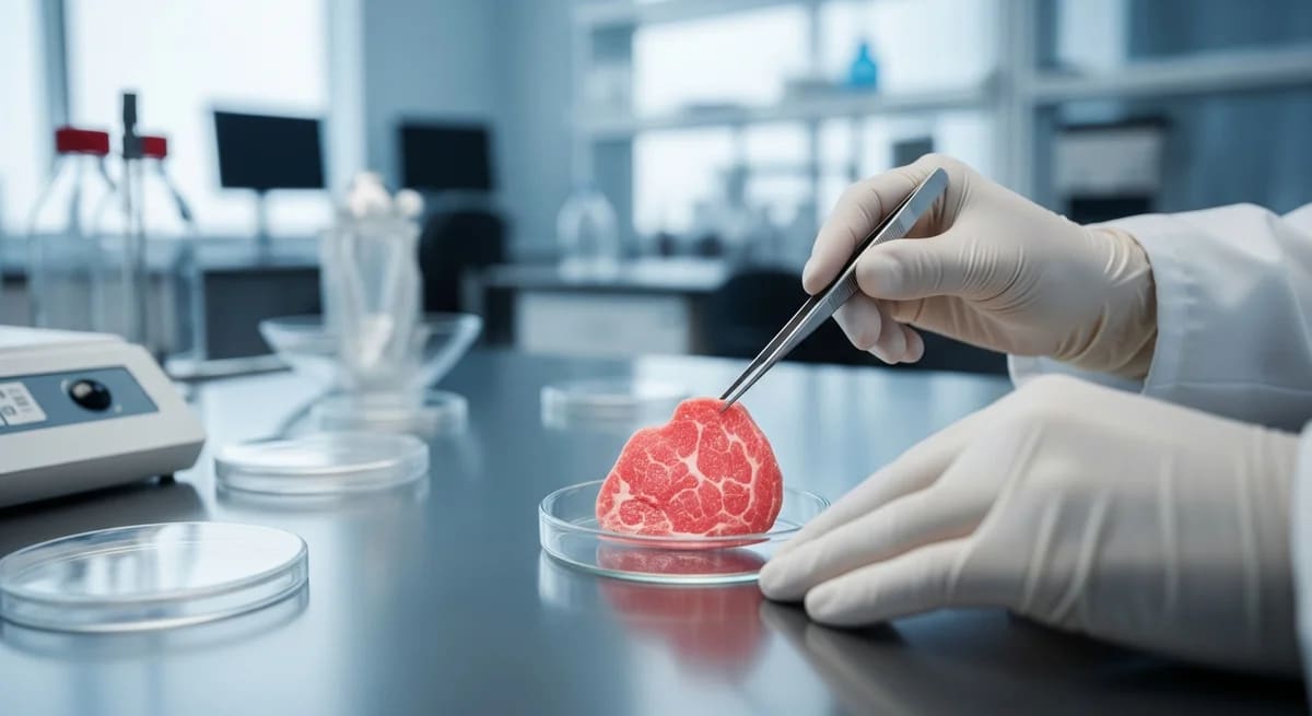 Muestra de carne cultivada manipulada en laboratorio con instrumental de precisión, representando la biotecnología alimentaria.