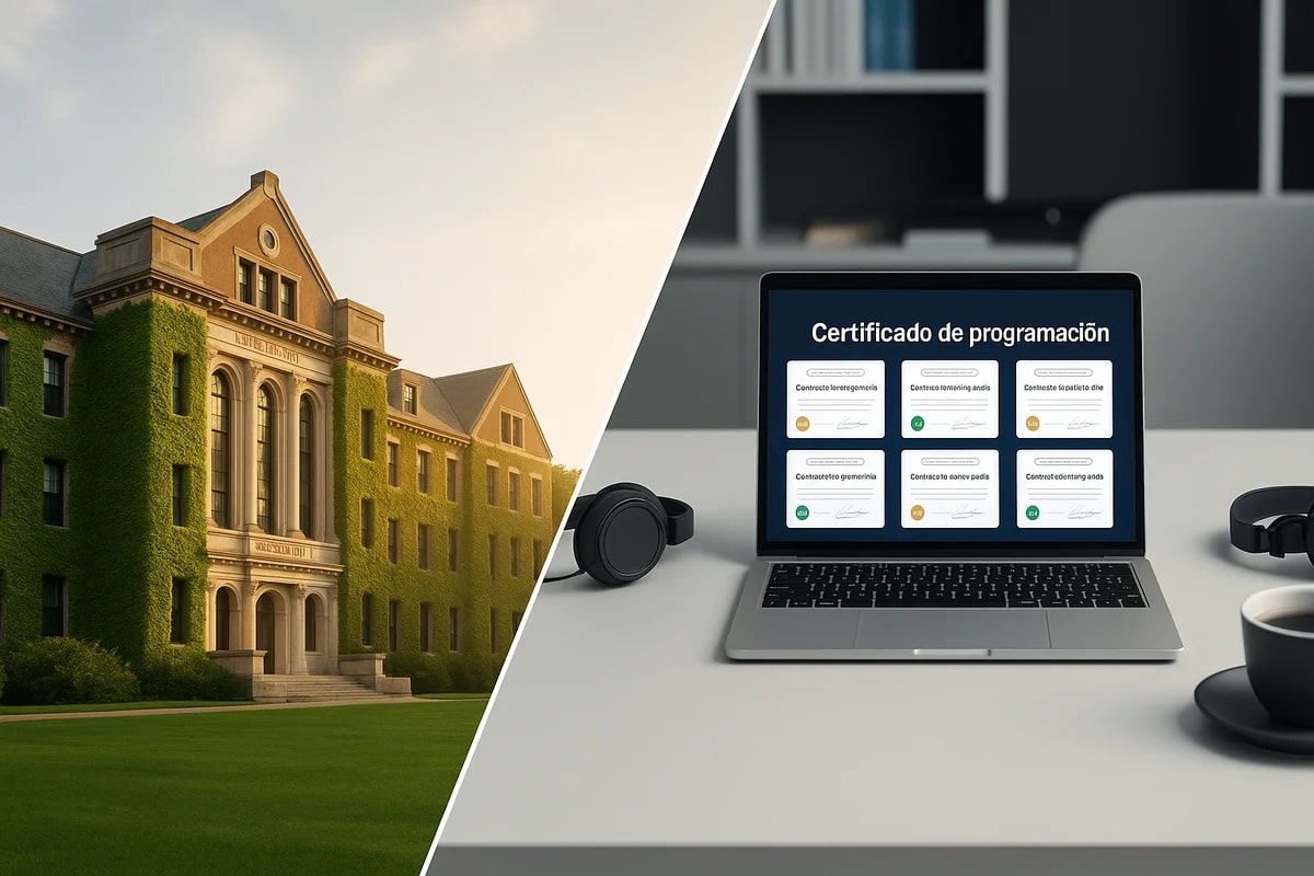 Comparativa visual entre una universidad tradicional y una laptop con certificaciones digitales en español