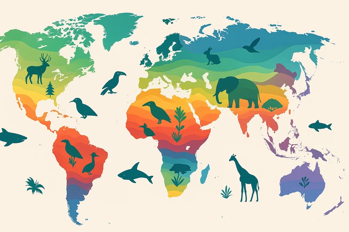 Mapa estilizado de la biodiversidad global, con regiones biogeográficas y siluetas de animales y plantas