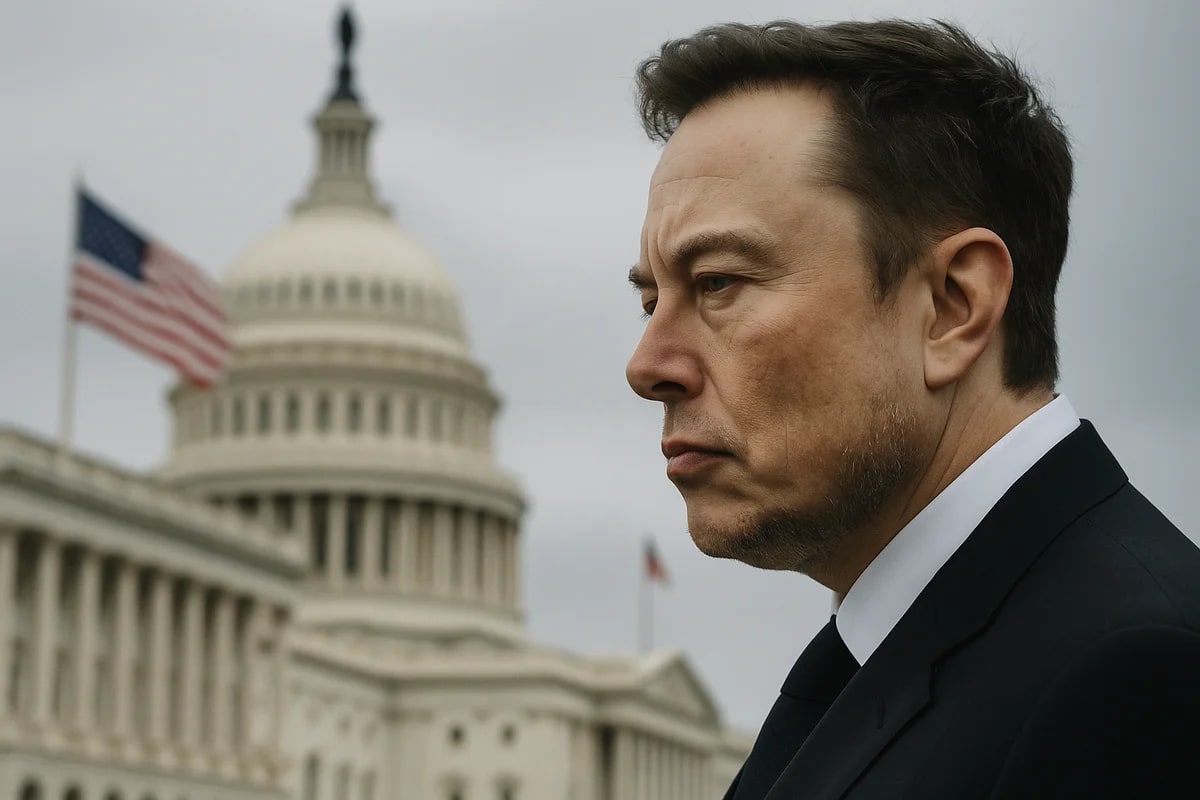 Elon Musk con gesto serio frente al Capitolio de Estados Unidos y la bandera nacional ondeando al fondo