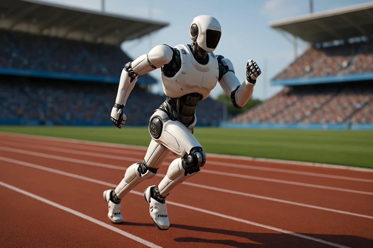 Robot humanoide corriendo en pista de atletismo