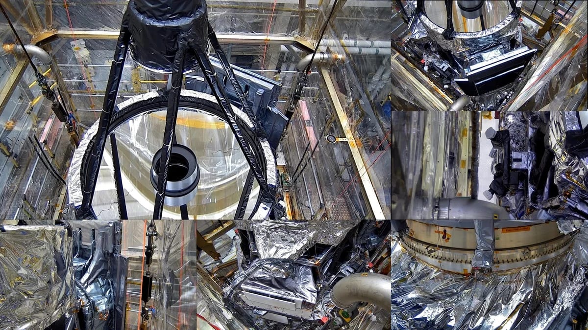 Componentes del Telescopio Espacial Nancy Grace Roman durante una prueba de vibración en el Centro Goddard de la NASA