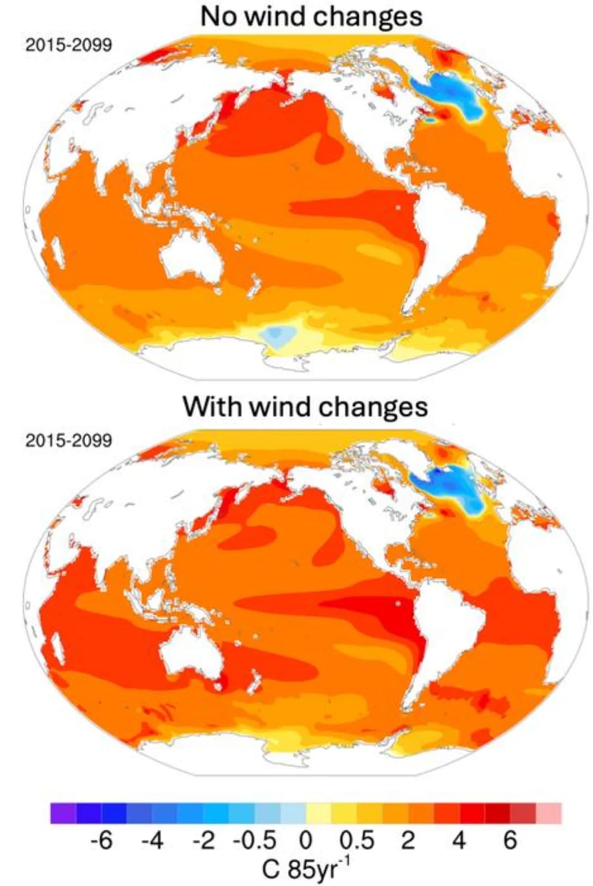 Dos mapas que muestran la proyección de la temperatura superficial del mar hasta 2099 bajo distintos escenarios de circulación oceánica y emisiones de gases de efecto invernadero