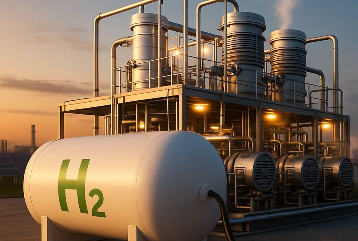 Planta de hidrógeno verde con tanque H₂ y gráfico de consumo energético, rodeada de paneles solares y aerogeneradores al atardecer.