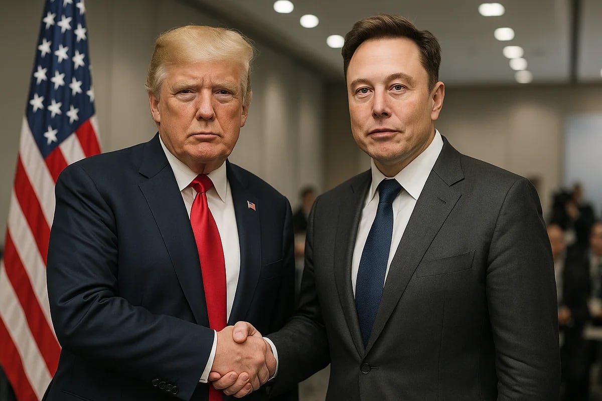 Donald Trump y Elon Musk dándose la mano en una conferencia internacional, con banderas de Estados Unidos de fondo y ambiente de prensa, estilo realista editorial