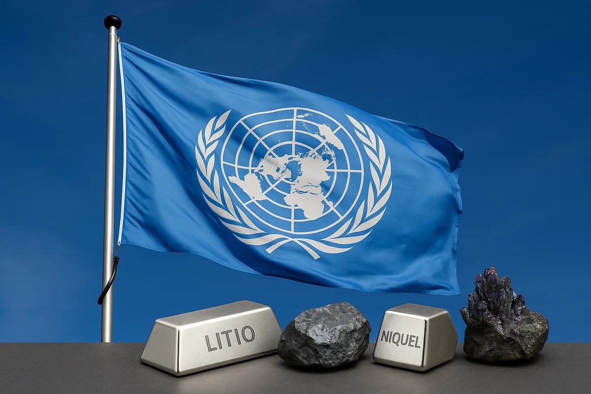 Bandera de la ONU ondeando, acompañada de minerales críticos como litio, cobalto y níquel