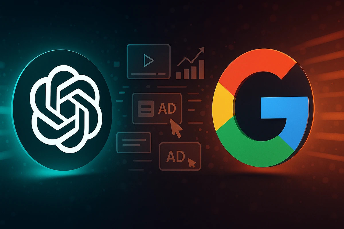 Enfrentamiento visual entre ChatGPT y Google representando la rivalidad en tecnología publicitaria.