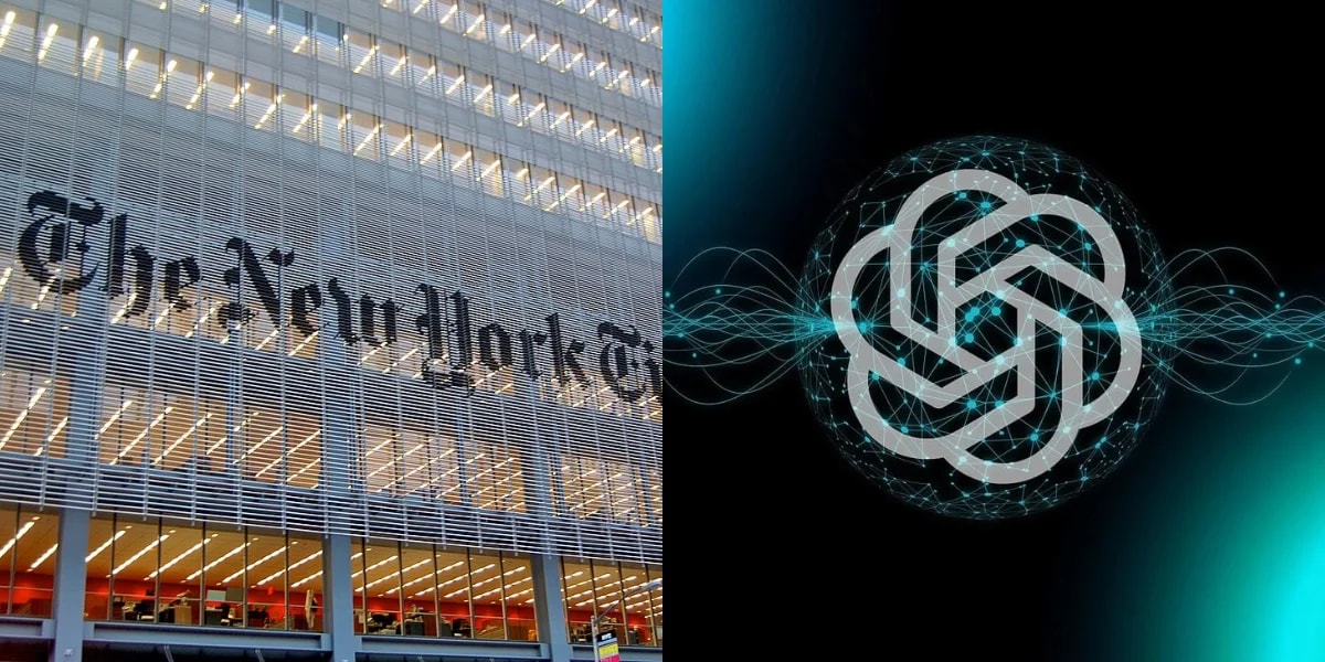Fachada del edificio de The New York Times junto a un símbolo digital que representa la inteligencia artificial de OpenAI