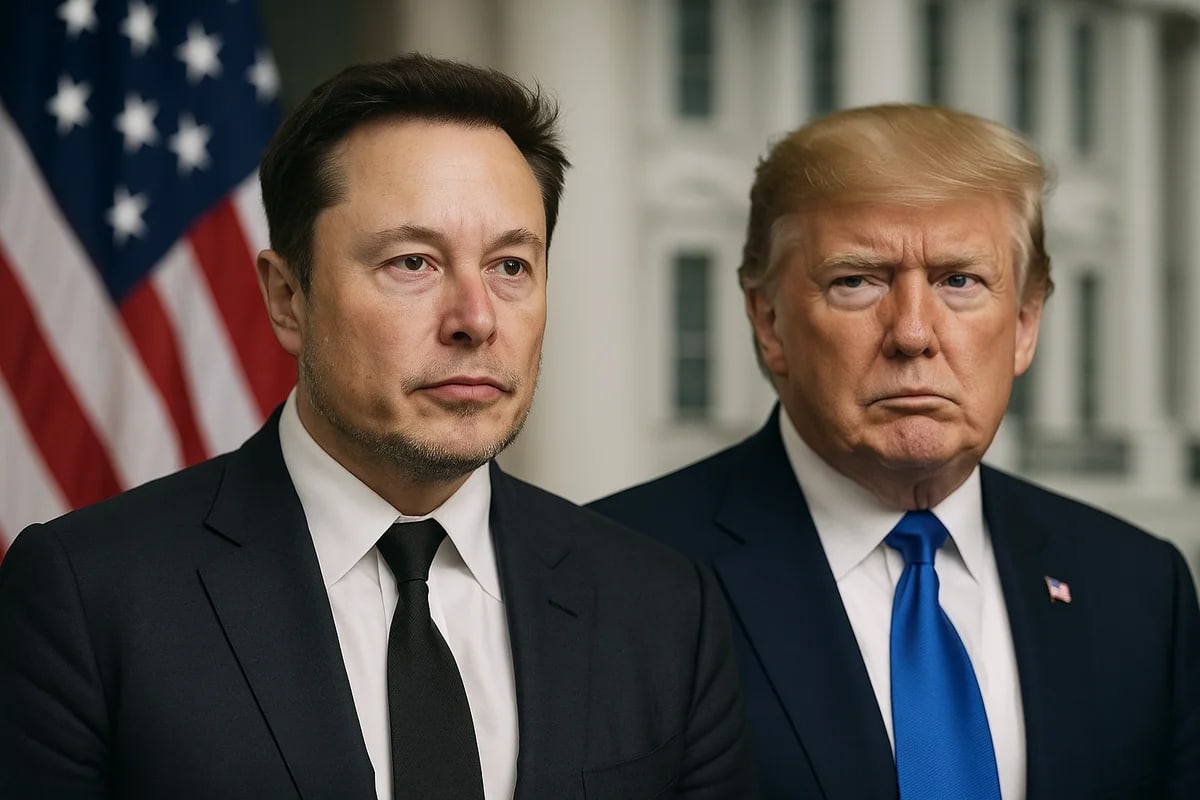 Elon Musk y Donald Trump frente a frente sobre fondo de bandera estadounidense