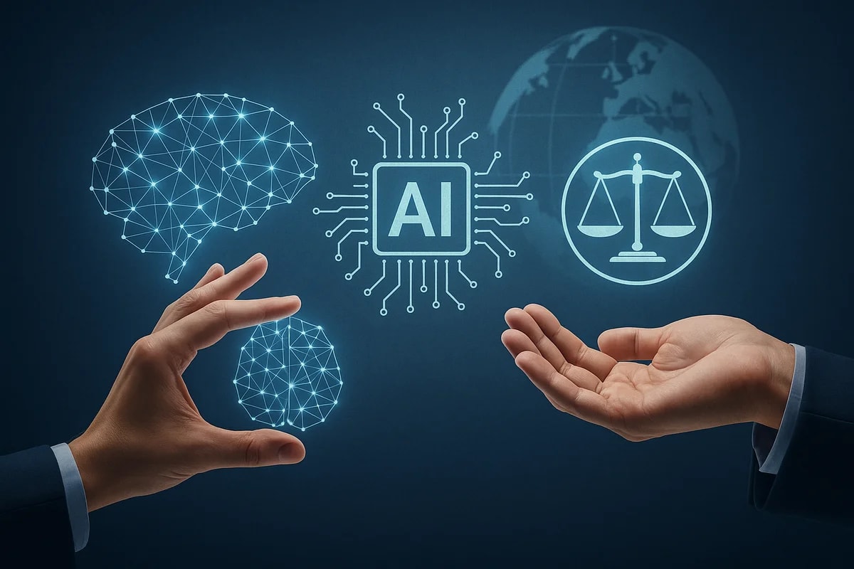 Ilustración conceptual sobre la regulación política y legal de la inteligencia artificial