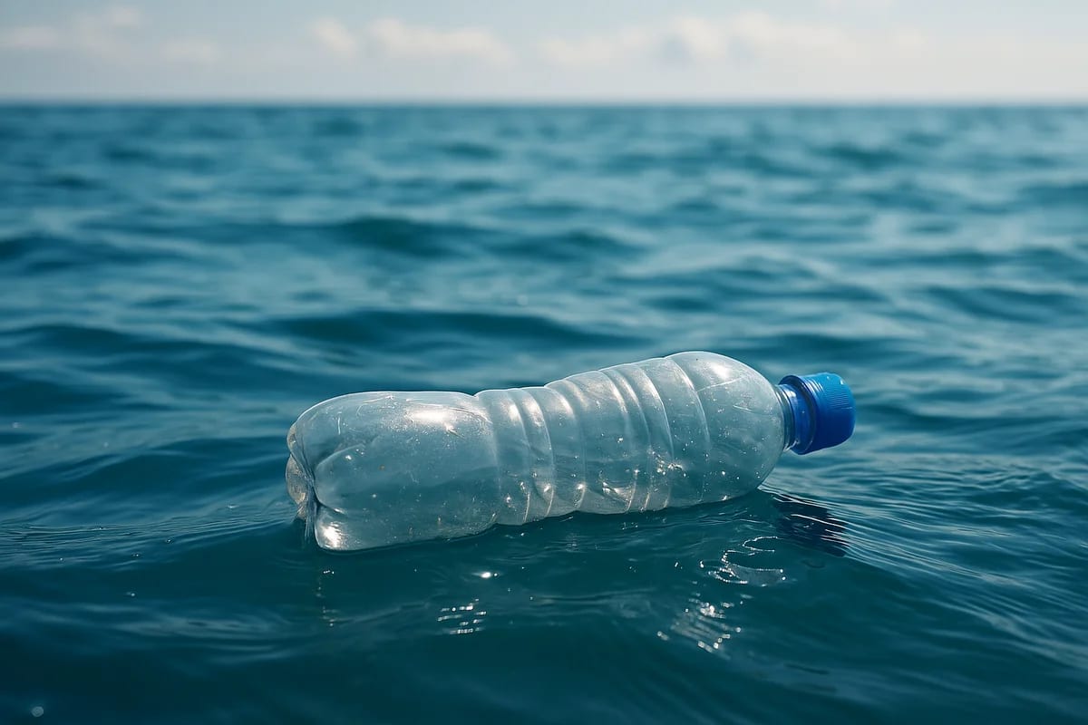 Botella de plástico flotando en el mar
