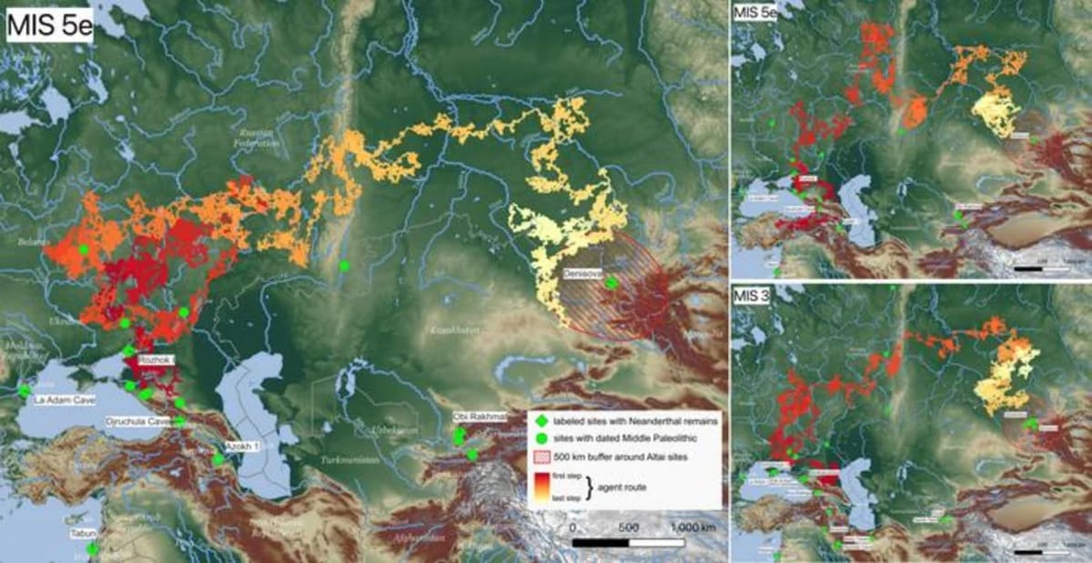 Mapa digital mostrando tres trayectorias simuladas de dispersión neandertal desde Europa hasta los montes Altái