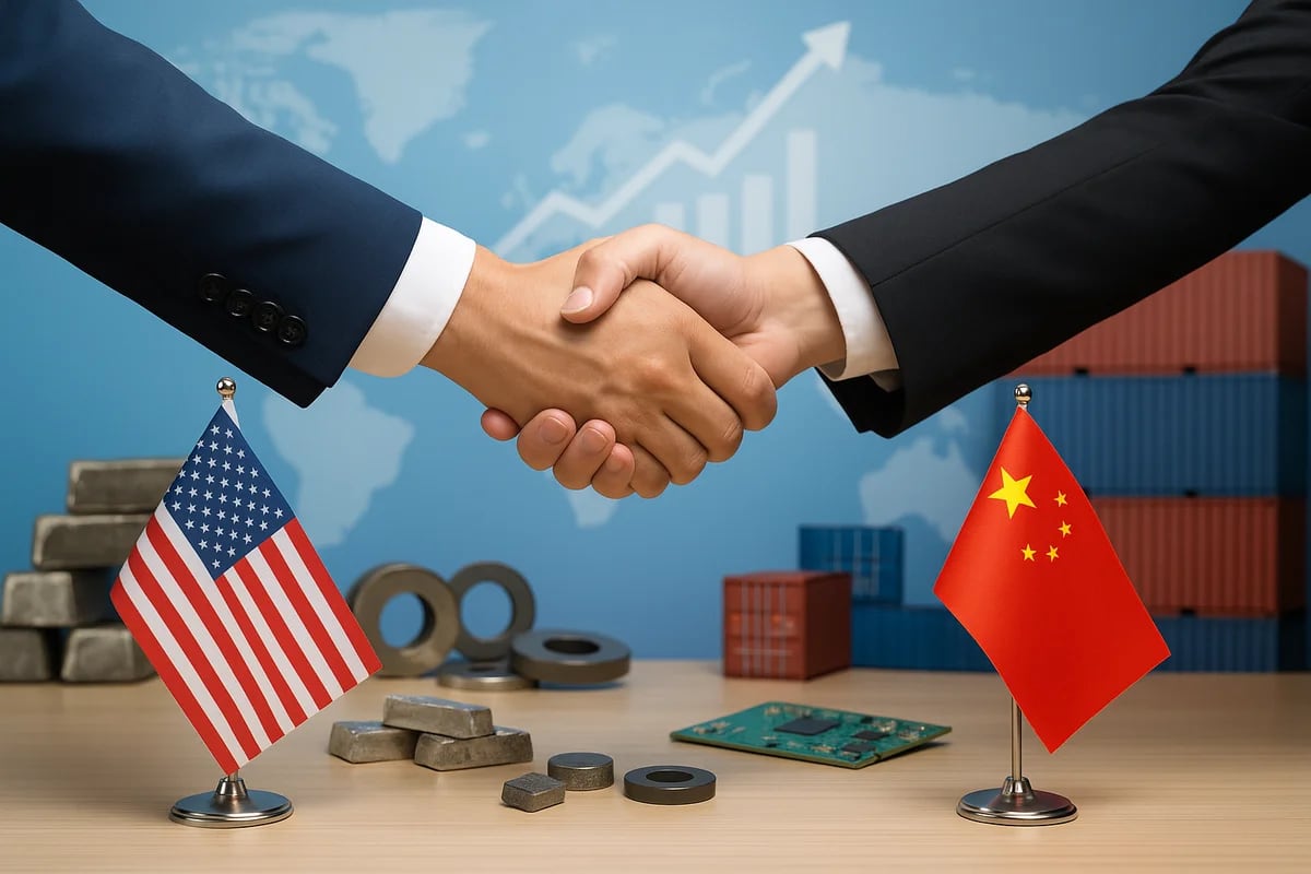 Apretón de manos entre representantes de Estados Unidos y China, con banderas, lingotes de tierras raras