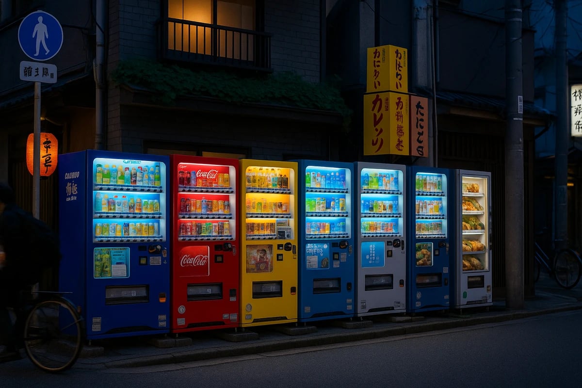 Fila de coloridas máquinas expendedoras japonesas en una calle urbana