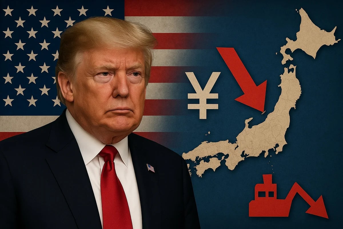 Donald Trump junto a la bandera de Estados Unidos, el mapa de Japón, una flecha roja descendente y símbolos económicos